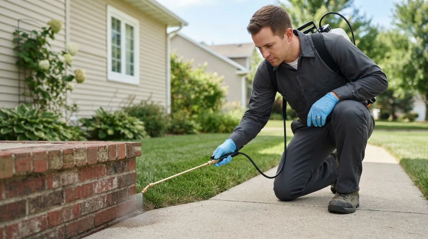 Pest control technician treating a home near Gustine, TX